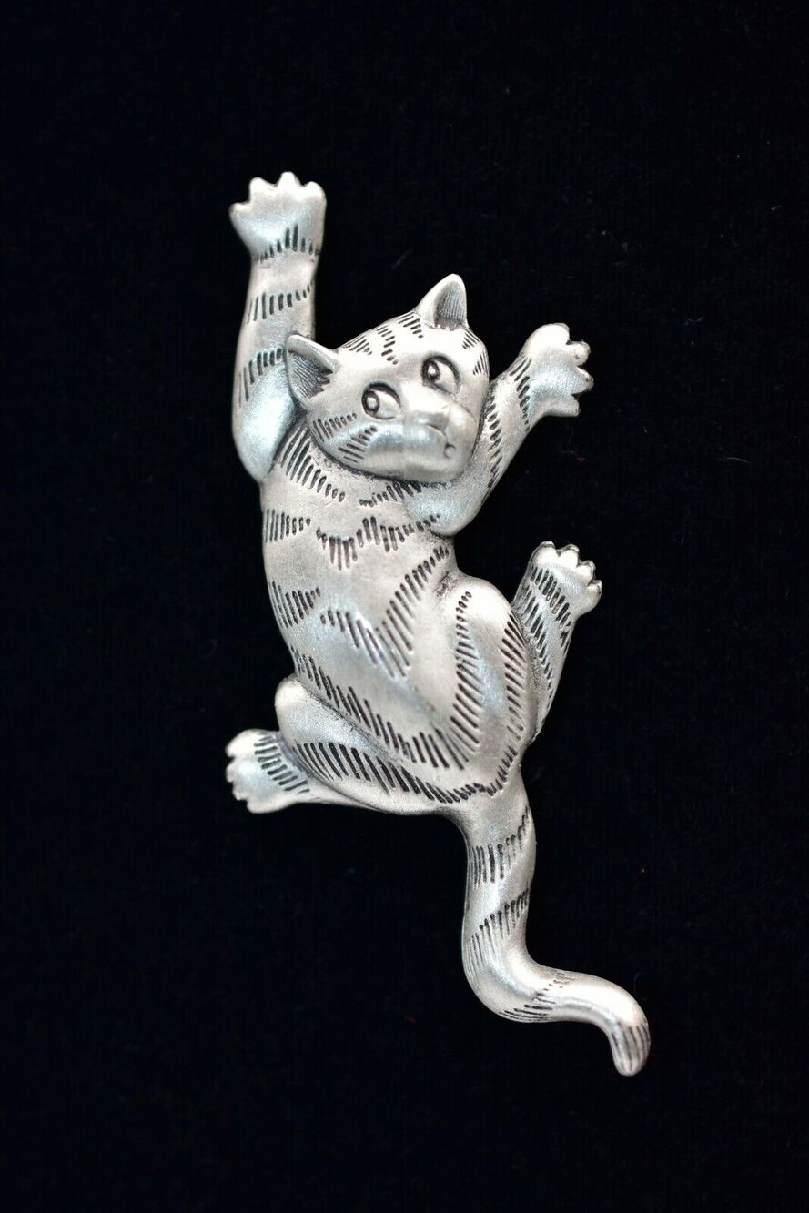 JJ Vintage Cat Pin Brooch Pewter Falling Hanging Animated Cute 1988 Signed BinJ